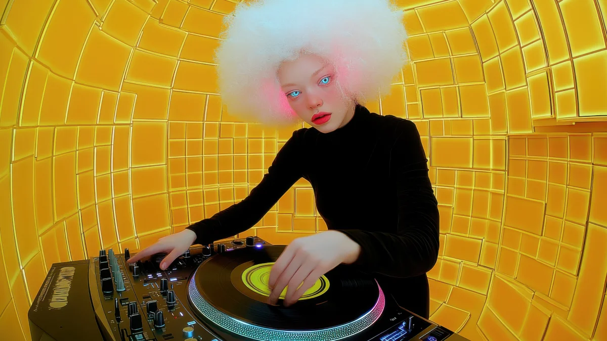 artistas de acid techno representados por uma mulher estilosa tocando música eletrônica